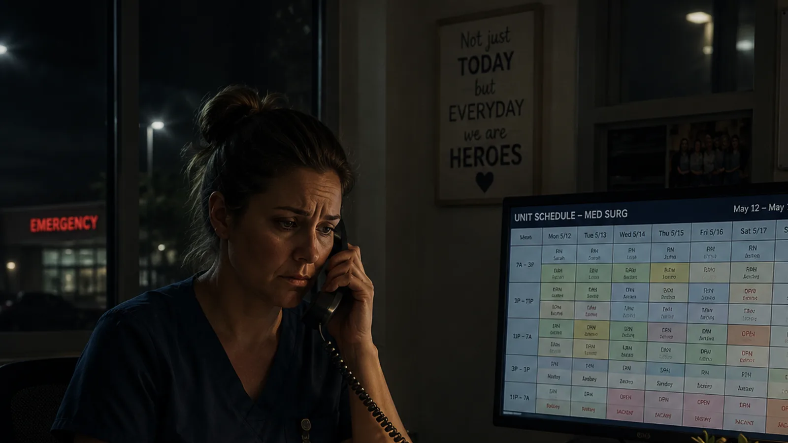 Half of one Maine ER's full-time nurses have left or given notice. If that ER keeps two nurses on at all hours, the 14 weekly night shifts do not shrink with the roster.
