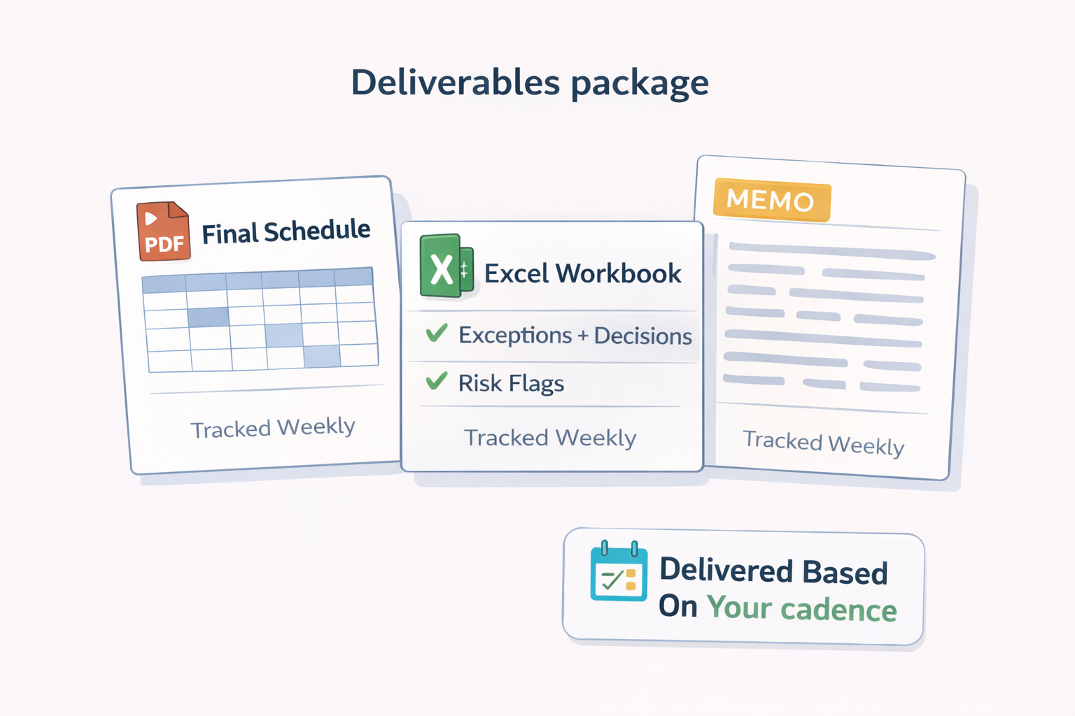 Deliverables package: Final Schedule PDF, Excel Workbook with Exceptions + Risk Flags, and Decision Memo tracked weekly