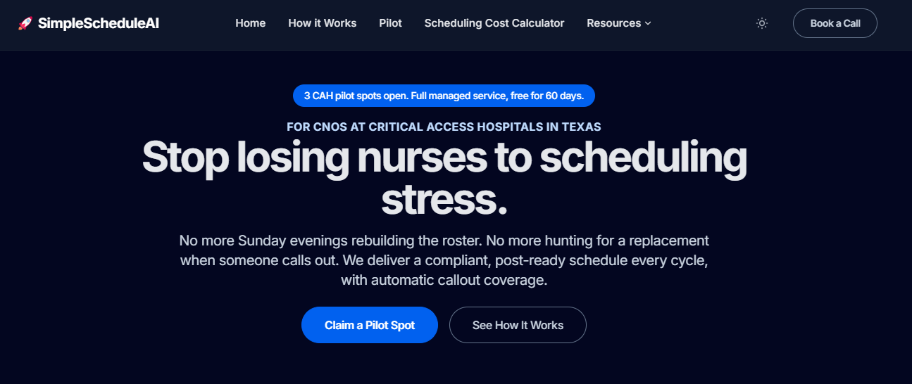 SimpleScheduleAI nurse scheduling managed service for critical access hospitals