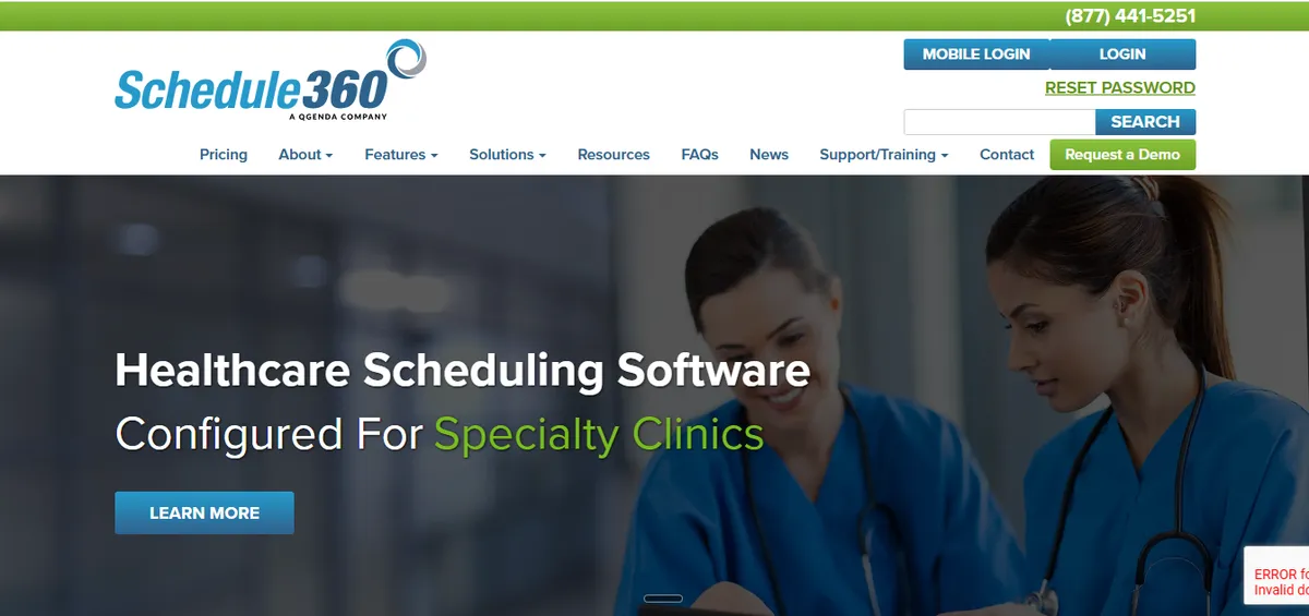 Schedule360 healthcare scheduling software homepage with specialty clinic positioning