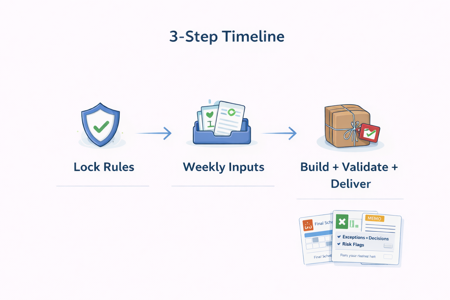 3-Step Timeline: Lock Rules, Weekly Inputs, Build + Validate + Deliver